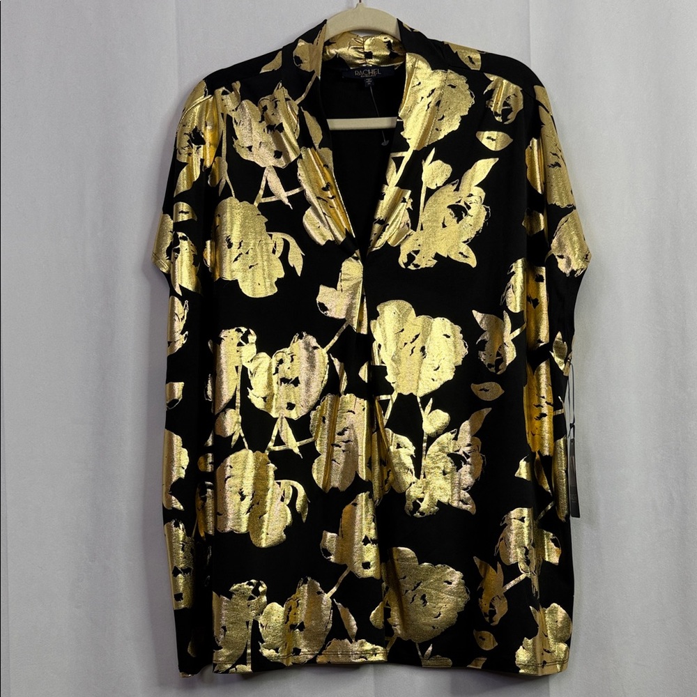 Rachel Roy Black Short Sleeve Gold Floral Foil Metallic V-neck Blouse